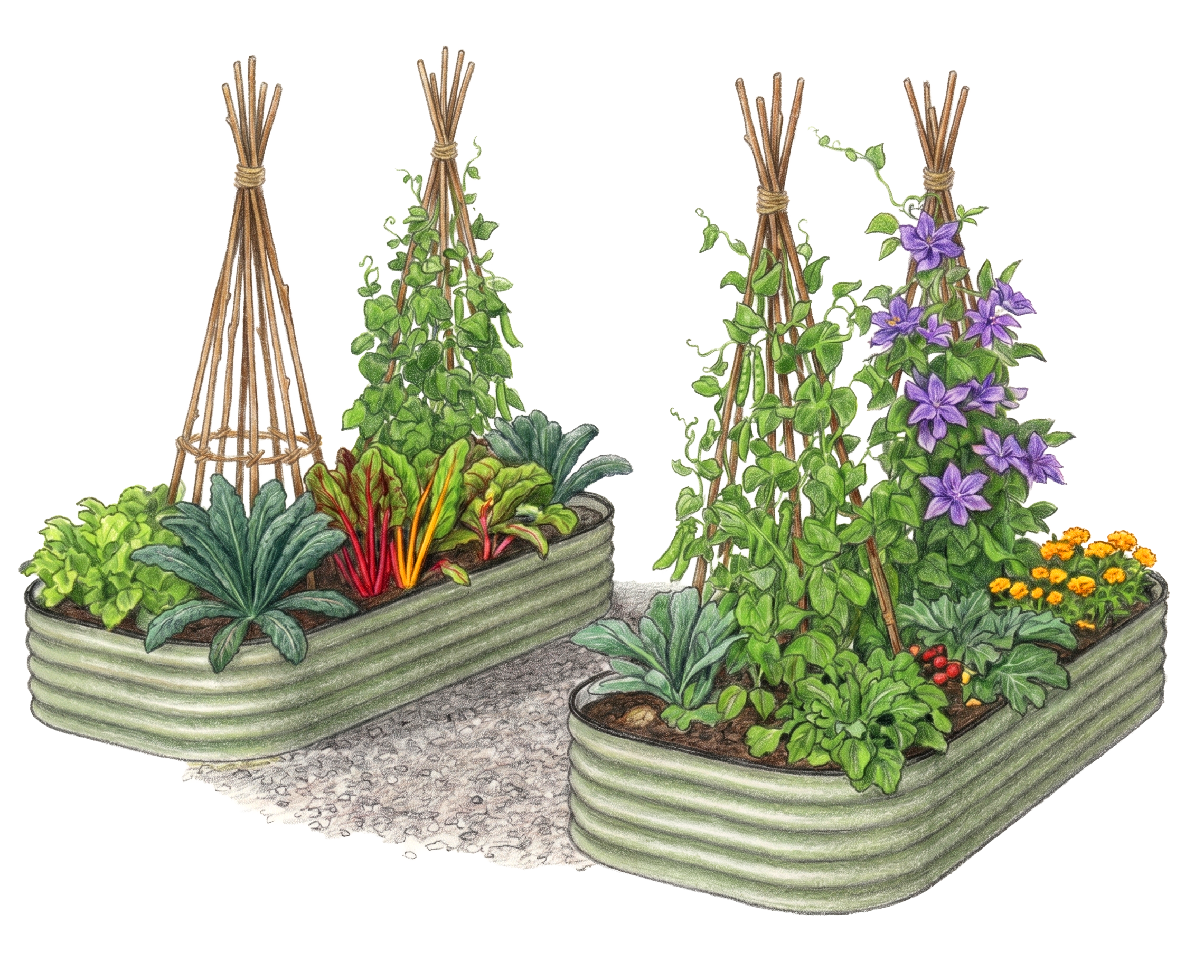 Family Patch — two Grobox beds with a cattle-panel arch trellis between them, fully planted