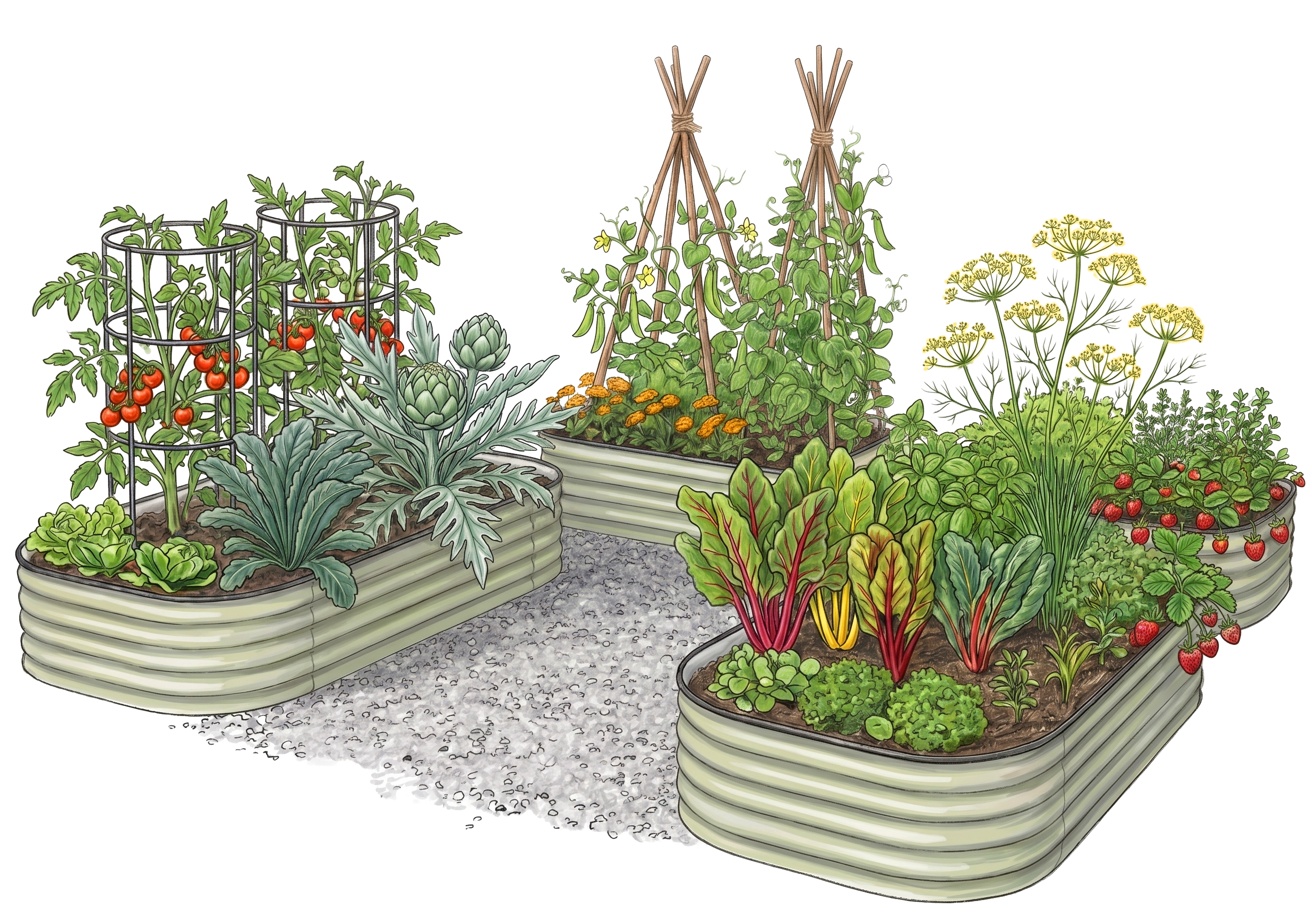 Homesteader — three Grobox beds with cattle-panel arch and copper plant markers, fully planted