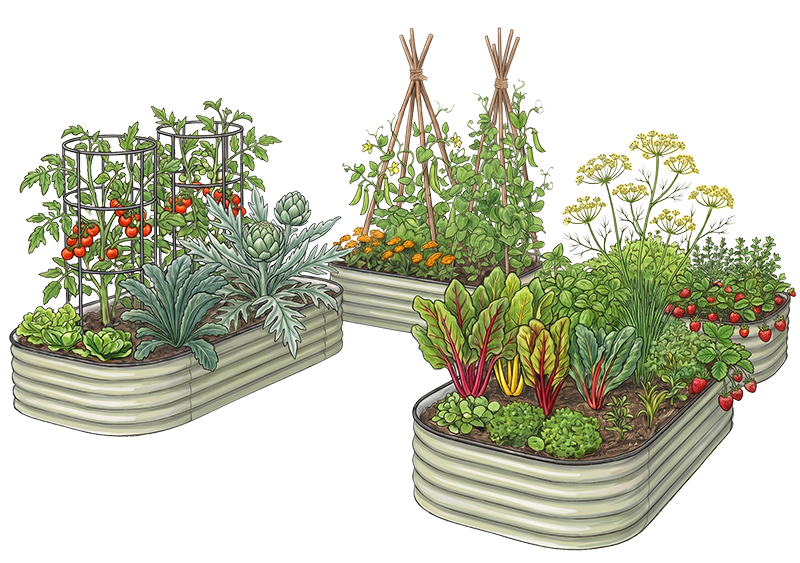 Homesteader — three Grobox beds with cattle-panel arch and copper plant markers, fully planted