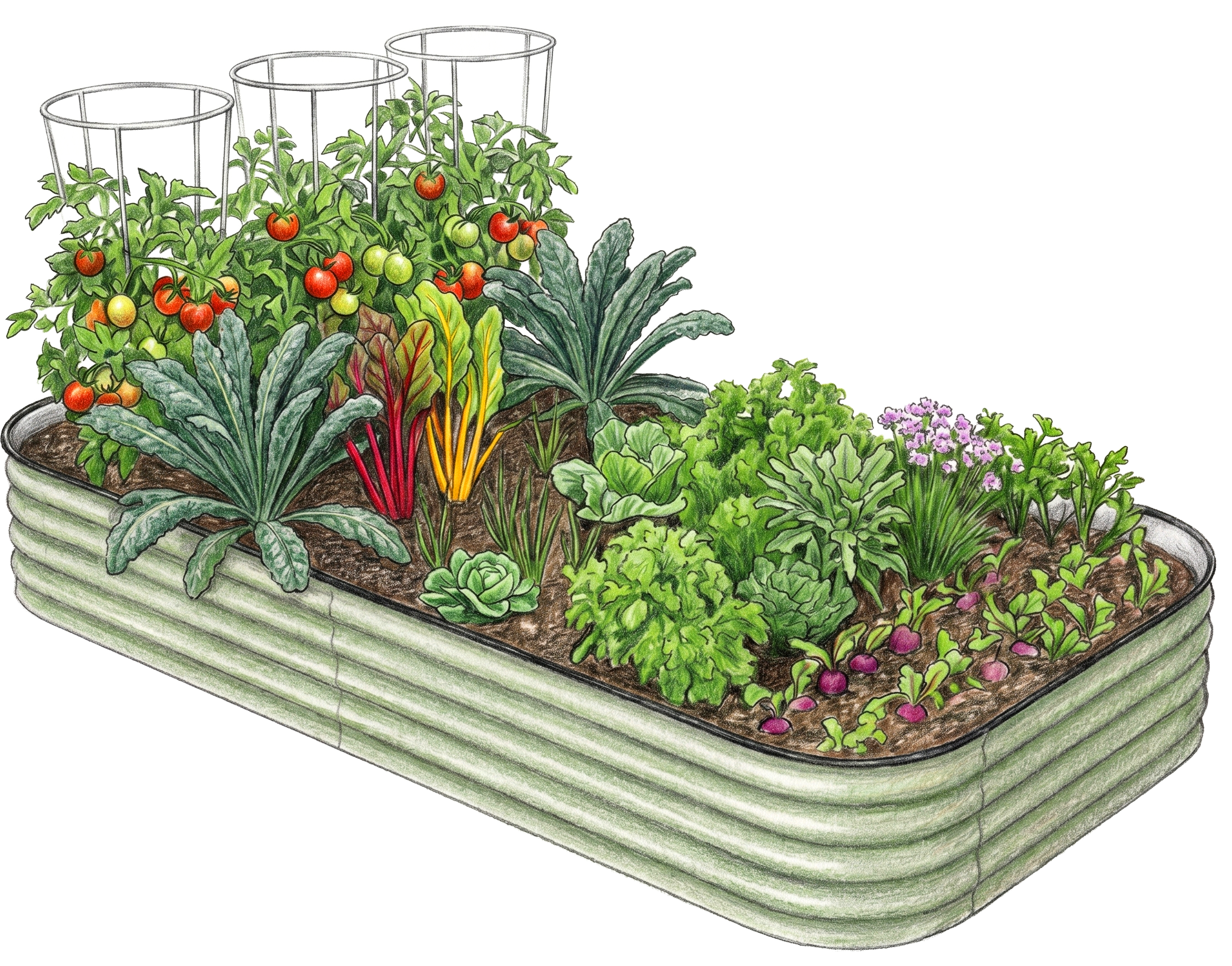 Kitchen Patch — one Grobox raised bed planted with tomatoes, kale, chard and herbs, with a steel pea obelisk