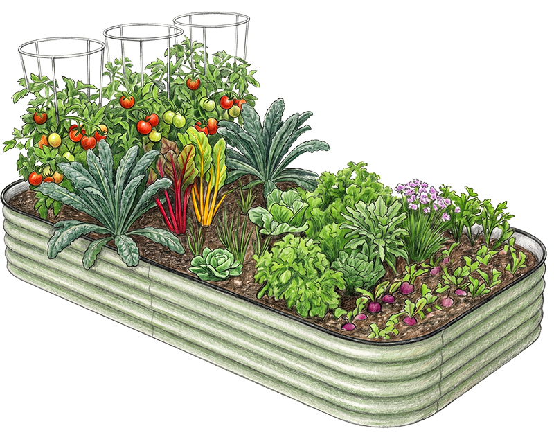 Kitchen Patch — one Grobox raised bed planted with tomatoes, kale, chard and herbs, with a steel pea obelisk