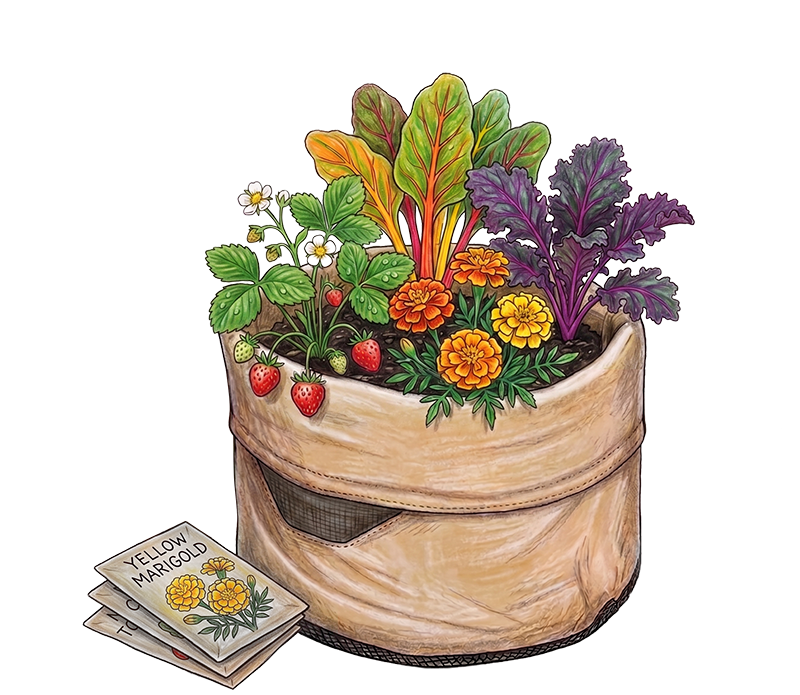 Little Sprout — small round bed scaled for kids, planted with strawberries, cherry tomatoes, peas and edible flowers