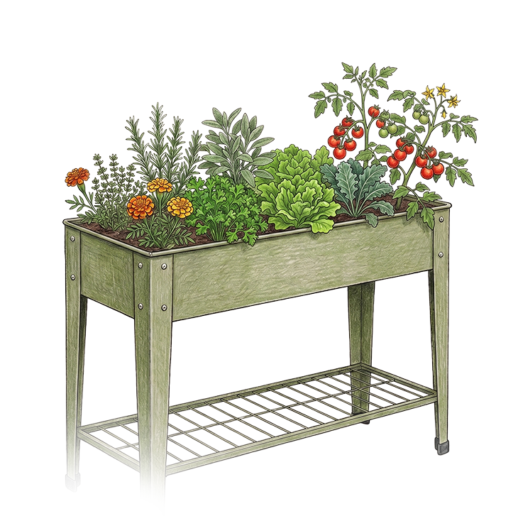Skybox — round self-watering container planted with herbs, salad greens, a tomato, and strawberries spilling over the edge
